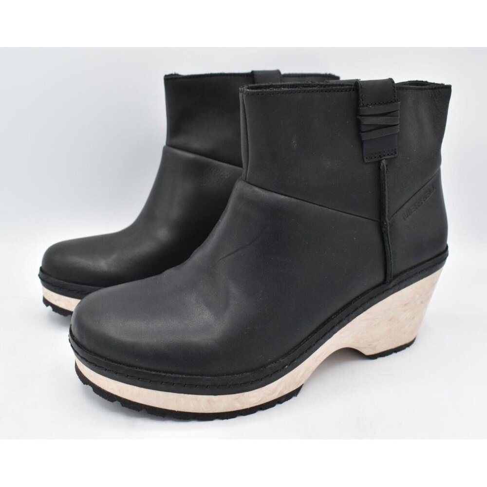 Merrell Womens Size 7 Halendi Bluff Black Full Grain Leather Wedge Booties Boots